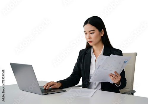 Young asian businesswoman working on laptop isolated on transparent background