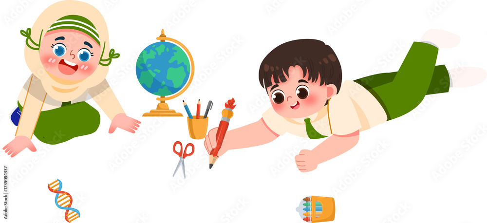 Fototapeta premium Children Learning: Boy Drawing, Girl with Hijab, Globe, Scissors, and DNA Model.