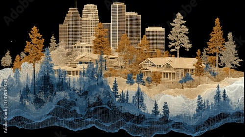 Architectural visualization of a modern city skyline with residential areas and natural elements