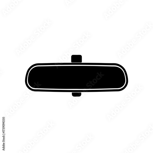 A stylized black and white illustration of a car's rearview mirror with a simple mount at the top on transparent background silhouette