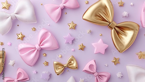 Pastel bows and stars arranged on a lavender background.