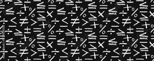 Vector seamless background illustration with sketchy brush and chalk crayon texture. Isolated calculus elements show inequality, percent, plus, minus, equal, multiply, and divide mathematical symbols.