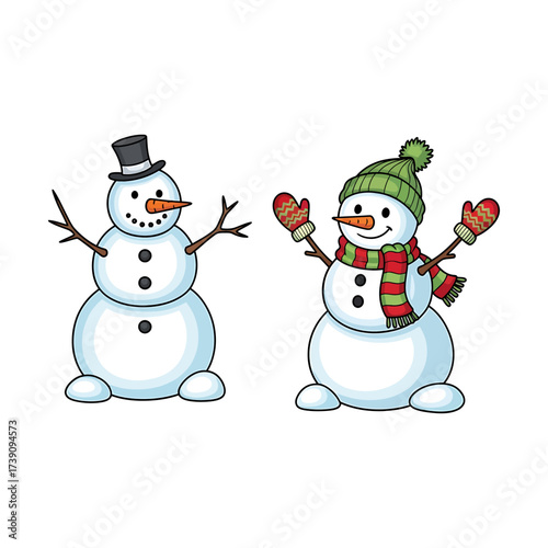 A delightful pair of smiling cartoon snowmen, adorned with traditional winter accessories, bring the magic and fun of the snowy season to life, perfect for holiday illustrations and designs