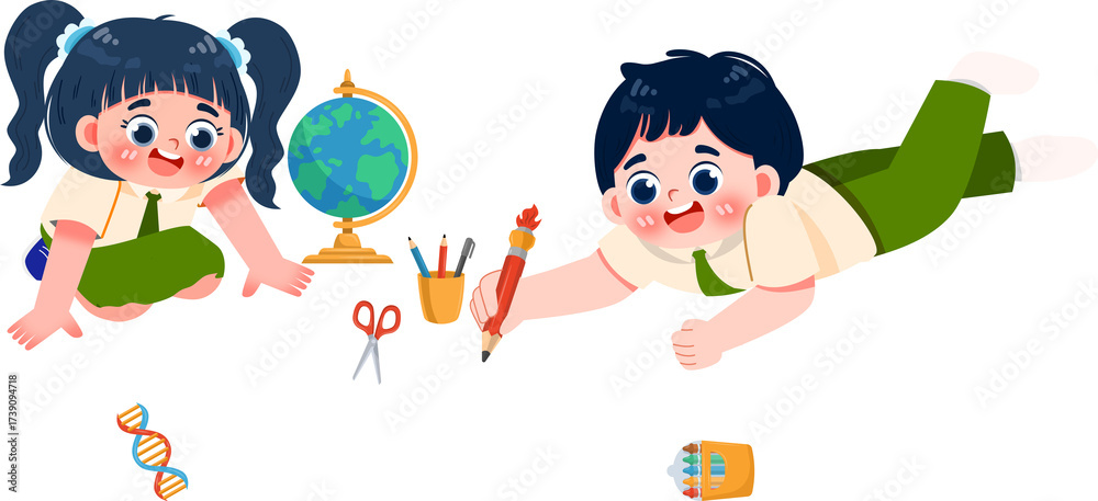 Fototapeta premium Cartoon Kids Learning: Globe, DNA, School Supplies, Boy Drawing.