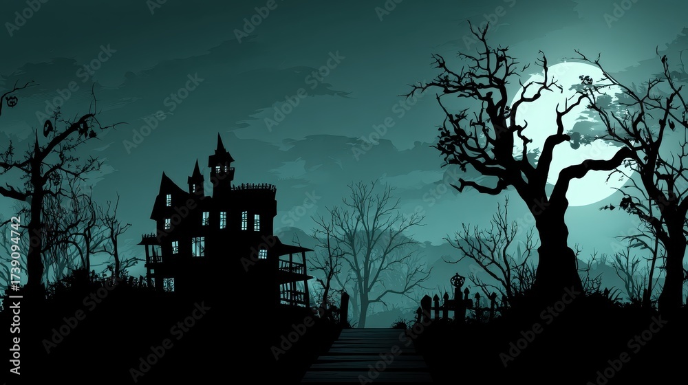 Fototapeta premium Creepy Haunted House in Dark Forest with Moonlight and Gnarled Trees in Mysterious Night Scene