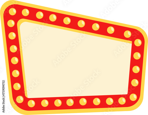 Retro Illuminated Sign: Asymmetrical Red Frame with Yellow Bulbs and Beige Center.