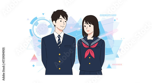 Young students in school uniforms looking at each other with abstract geometric shapes in the background.