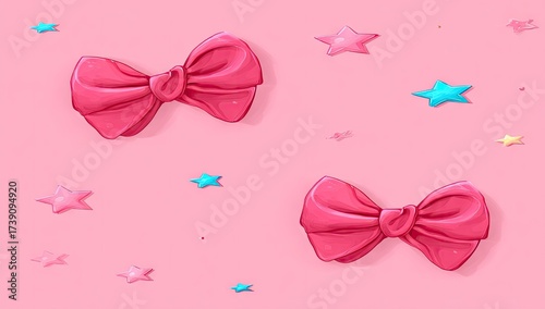 Two pink bows against a pastel pink background with scattered stars.