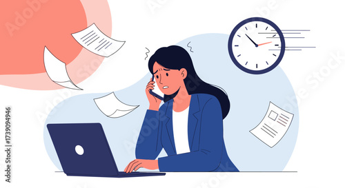 Stressed woman talking on the phone and working on a laptop with papers flying around a clock.