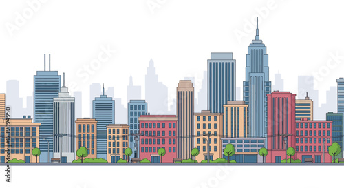 A panoramic view of a modern city skyline with diverse architecture and vibrant colors.