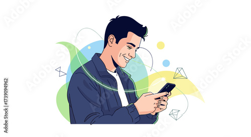 A young man smiling while holding his smartphone and browsing the internet.