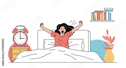Young woman waking up in bed and stretching her arms with an alarm clock on the bedside table.