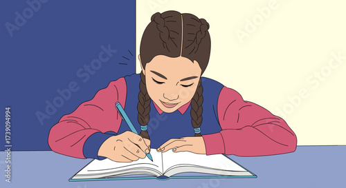 A young girl with braided hair diligently writes in a notebook with a pencil.