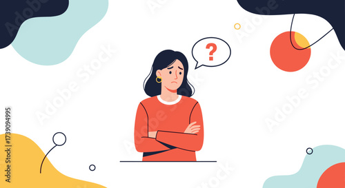 A woman with a question mark above her head appears to be confused or uncertain about something.