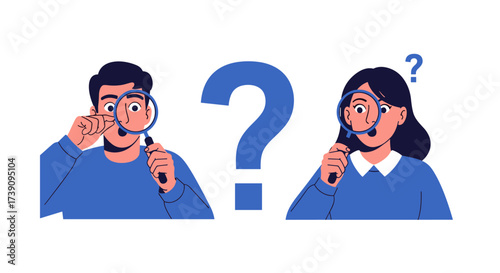 Two people looking through magnifying glasses with a large question mark between them illustrating a mystery.