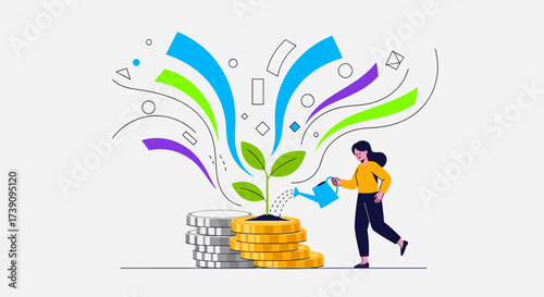 A woman waters a seedling growing from a stack of coins symbolizing financial growth and investment success.