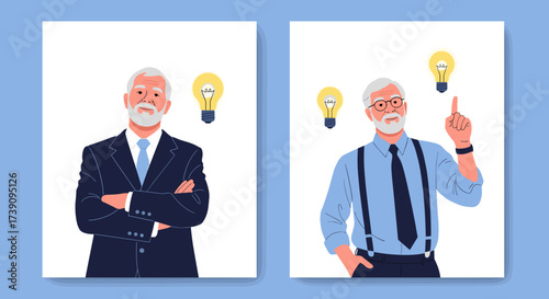 Elderly businessman with a brilliant idea symbolized by a light bulb illuminating his thoughts.