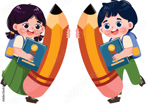Smiling students holding large pencils and award certificates, back to school illustration.