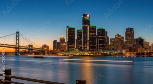 Detroit's Gleaming Skyline at Twilight with Reflections on the River