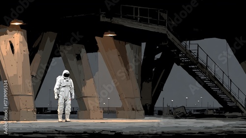 Astronaut stands beneath a stark industrial structure in a desolate landscape pondering existence