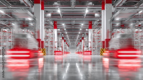 Automated guided vehicles moving goods in modern distribution warehouse fulfillment center