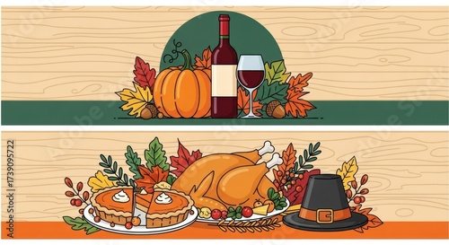 Festive Thanksgiving feast illustration banner with pumpkin wine turkey and pie elements