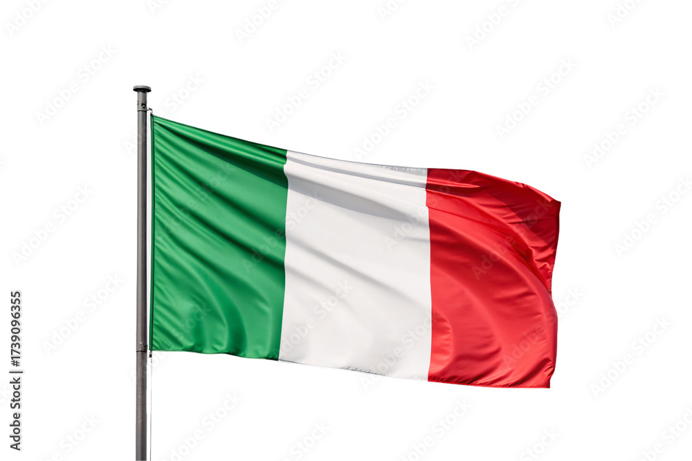 Obraz premium Italian national flag mounted on pole displaying vibrant green white red vertical stripes billowing wind, isolated on a transparent background