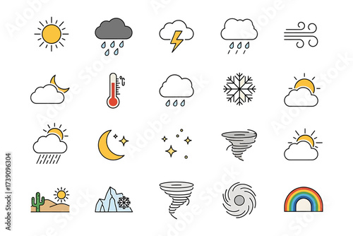 Weather Icons Vector Illustrations of Sun, Clouds, Rain, Storms, and Seasonal Elements