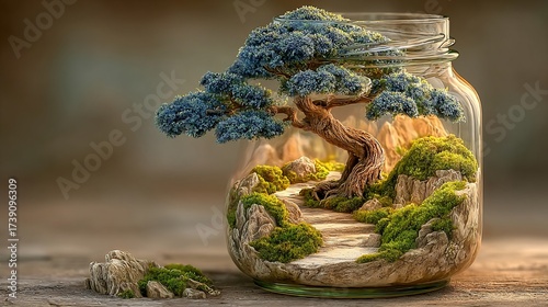 Bonsai tree inside a jar terrarium, artistic rendering of a miniature landscape display