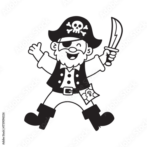  A black and white cartoon vector illustration of a humorous pirate triumphantly holding his sword up in the air. 