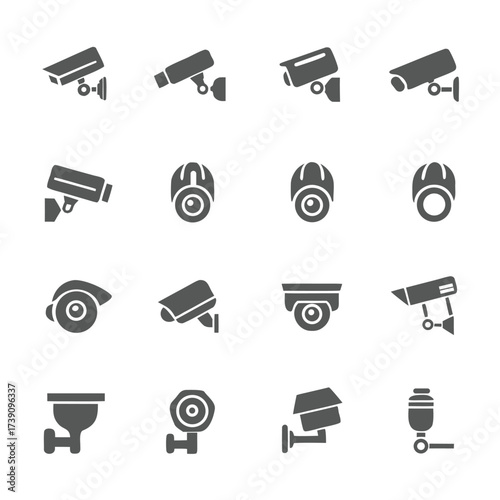 Collection of various gray surveillance camera icons on white background cctv security
