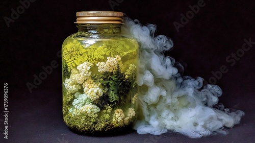 Botanical Jar with Mystical Smoke A captivating image of a jar filled with flora