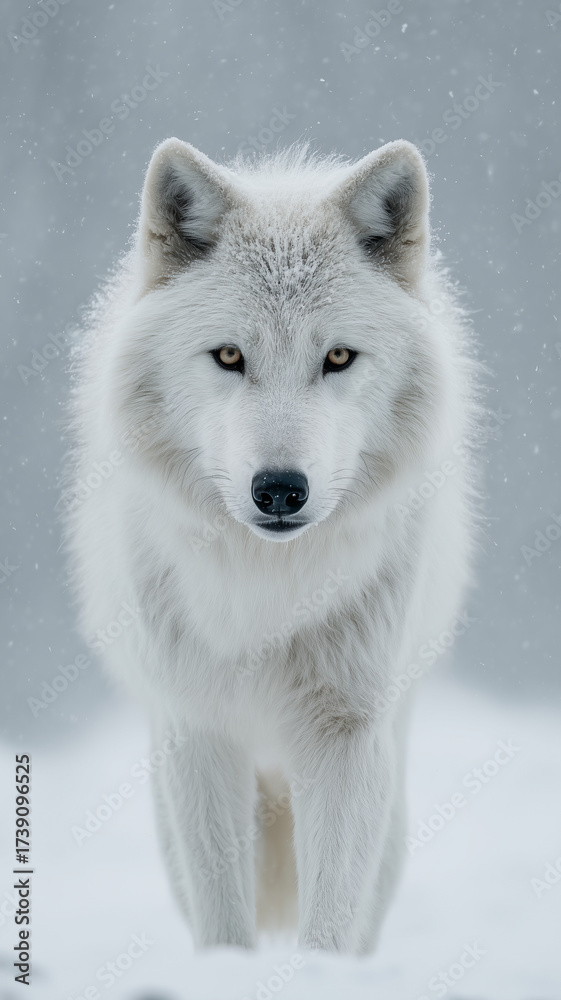 Obraz premium Loup arctique face caméra sous une légère neige