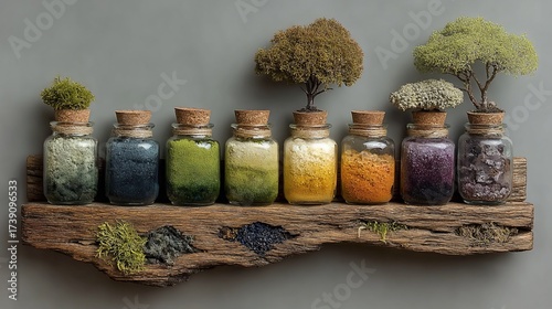 Botanical specimens in vintage glass jars on a rustic wooden shelf evoking a sense of natural wonder