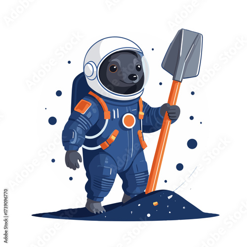 Cute bear astronaut standing with a shovel on a moon-like surface, showcasing exploration and adventure in a playful design