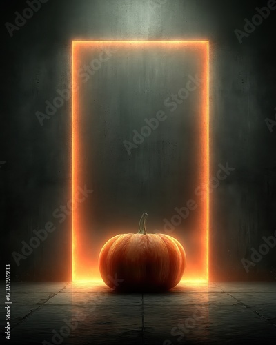 Glowing Pumpkin Surrounded by Darkness with Light Framing an Abstract Doorway in a Dim Environment