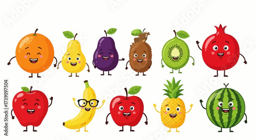 Cartoon funny fruits characters and fruits face isolated on white background vector illustration. Funny fruit face and cartoon fruit characters icon vector set. Cartoon characters. Cartoon face food.
