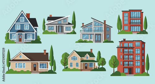 Real estate set with sale houses vector illustration. Family dream home set. Vacation houses in rural area. Advertising design elements. Real estate business concept. Facade apartment house, cottage.