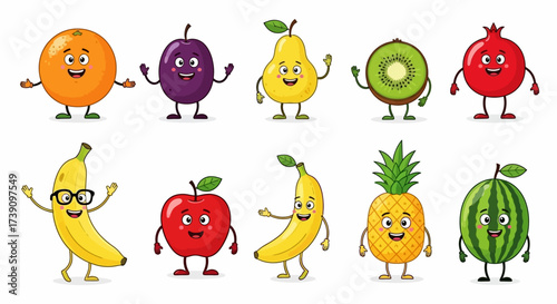 Cartoon funny fruits characters and fruits face isolated on white background vector illustration. Funny fruit face and cartoon fruit characters icon vector set. Cartoon characters. Cartoon face food.