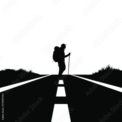 Black silhouette of a lone traveler with backpack and walking stick on a road vector