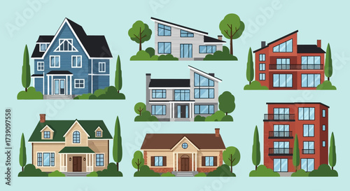 Real estate set with sale houses vector illustration. Family dream home set. Vacation houses in rural area. Advertising design elements. Real estate business concept. Facade apartment house, cottage.
