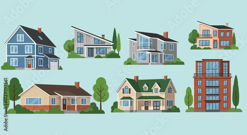 Real estate set with sale houses vector illustration. Family dream home set. Vacation houses in rural area. Advertising design elements. Real estate business concept. Facade apartment house, cottage.