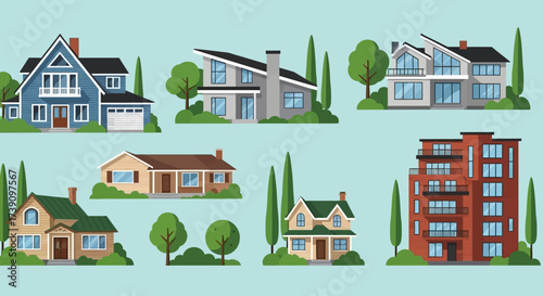 Real estate set with sale houses vector illustration. Family dream home set. Vacation houses in rural area. Advertising design elements. Real estate business concept. Facade apartment house, cottage.
