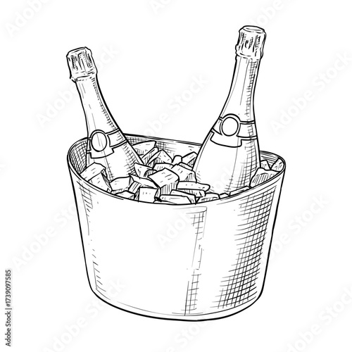 champagne bottles in ice bucket vector line art hand drawn illustration