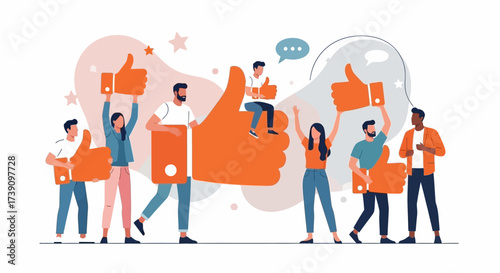 Customer review. Different people giving online review rating and positive or negative feedback Customer character holding thumbs-up and thumbs-down sign set. Survey and support vector illustration