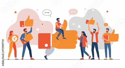 Customer review. Different people giving online review rating and positive or negative feedback Customer character holding thumbs-up and thumbs-down sign set. Survey and support vector illustration