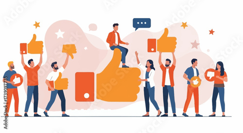 Customer review. Different people giving online review rating and positive or negative feedback Customer character holding thumbs-up and thumbs-down sign set. Survey and support vector illustration