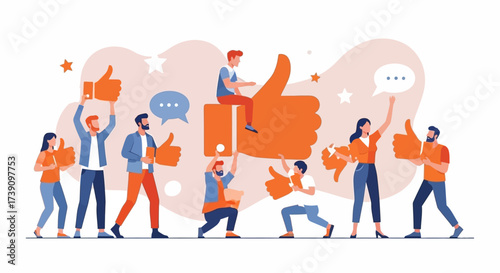 Customer review. Different people giving online review rating and positive or negative feedback Customer character holding thumbs-up and thumbs-down sign set. Survey and support vector illustration