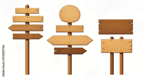 Wooden way direction sign. Vintage board on pole from brown hardwood layout for information or advertising message. Textured wooden sign board and direction arrows cartoon vector illustration