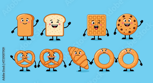 Cartoon funny bakery characters isolated vector illustration. Funny food face icon. Bakery emoji. Funny cookies, laughing bread. Cartoon emoticon face of food. Gloomy croissant, pretzel. Funny food.